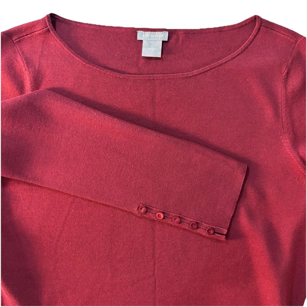 Ann Taylor Women's L Burgundy Silk Blend Boat Neck Button Cuff Sweater Soft